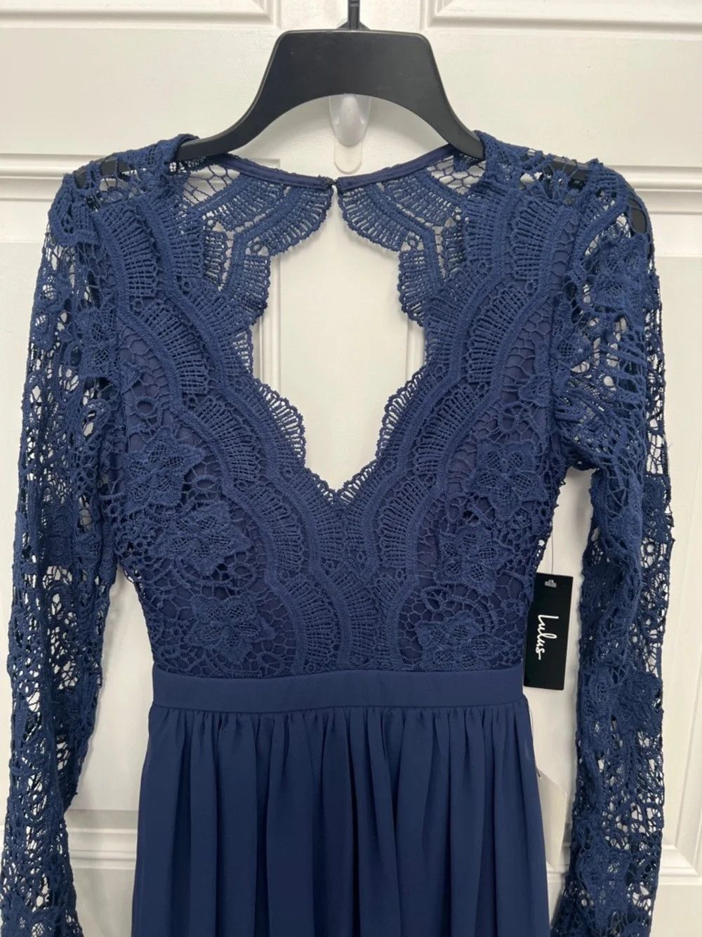 Lulus Awaken My Love Navy Blue Crochet‎ Lace Long Sleeve Maxi Dress Small NWT
